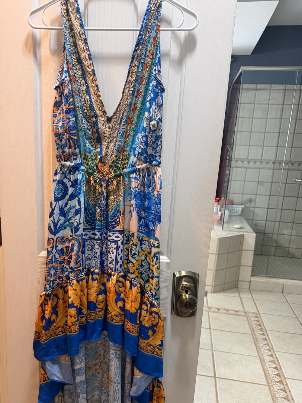 V-Neck Blue and Gold High-Low Maxi Dress - Picture 1 of 2